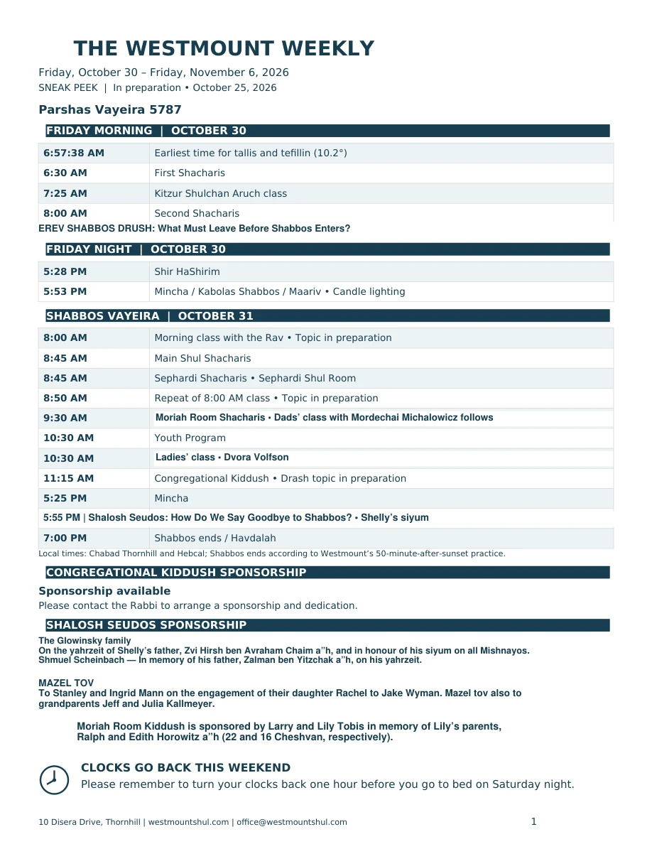 Westmount Weekly Vayeira October 30–November 6, 2026 — sneak peek in preparation