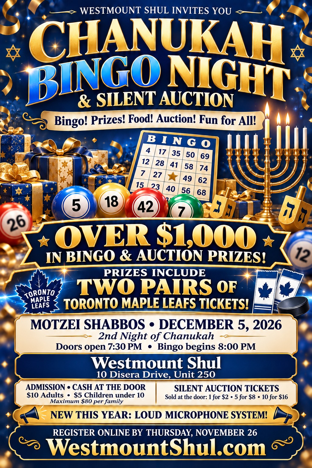 Westmount Shul Chanukah Bingo Night and Silent Auction flyer: December 5, doors 7:30 PM, bingo 8 PM. Over $1,000 in prizes including two pairs of Toronto Maple Leafs tickets. Click to register.