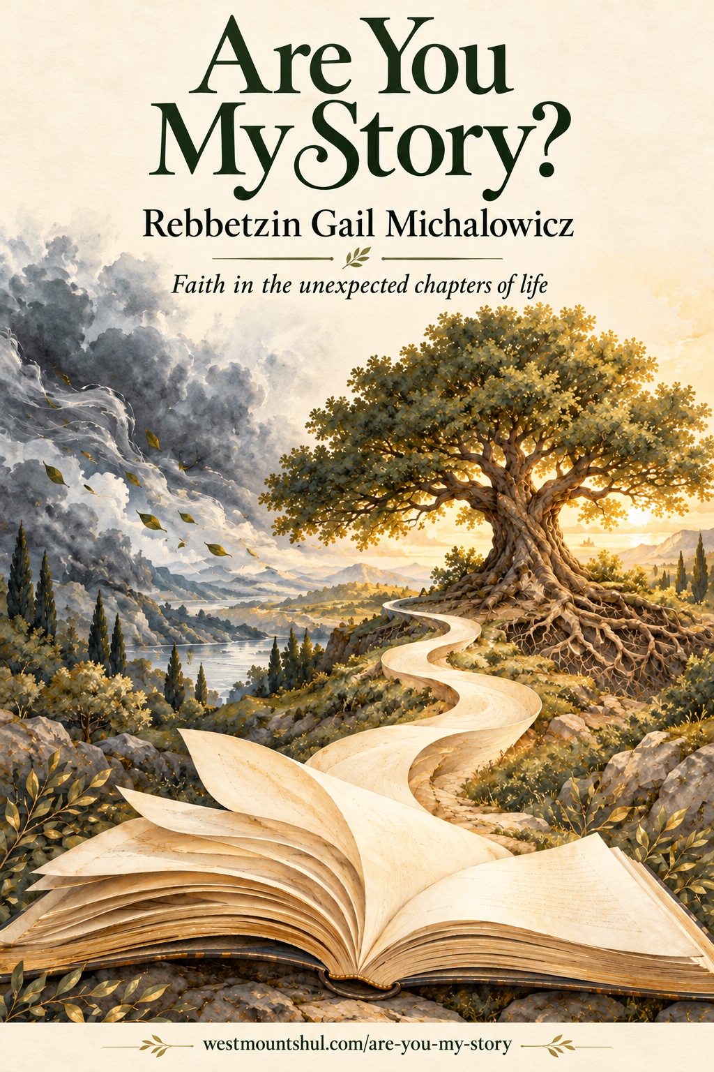 Are You My Story? Rebbetzin Gail Michalowicz. An open book leads toward a deeply rooted oak tree.