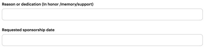 Donation form fields for Reason or dedication and Requested sponsorship date