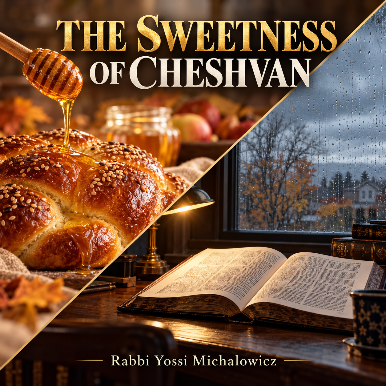 Honey over challah alongside a sefer and a rainy Cheshvan day — The Sweetness of Cheshvan