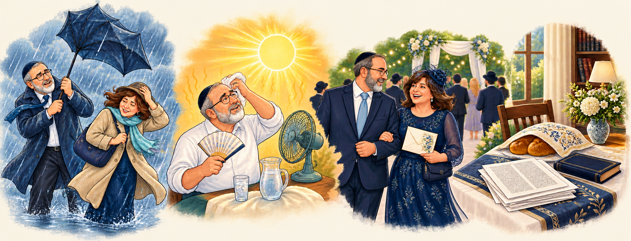 Cartoon scenes of rain, summer heat, attending a simcha and printed Westmount Torah at home